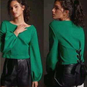 Anthropologie Maeve Tie-Back Ponte Pullover Top in Green & Black Size Medium